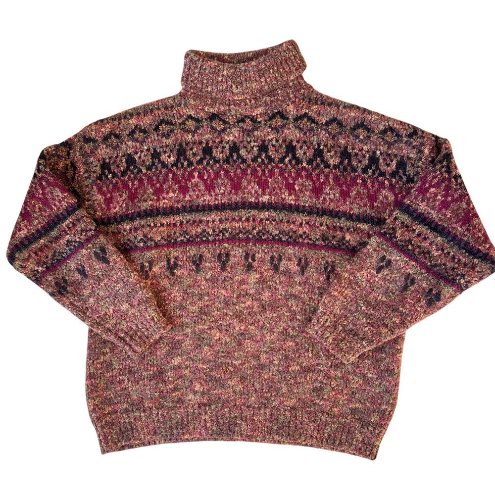 Vtg Le Moda Wool Blend Thick Sweater Fair Isle Turtleneck Sz Large